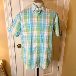 EUC Vineyard Vines Green Blue Plaid Short Sleeve Whale Button Down Shirt MEDIUM
